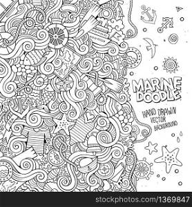 Cartoon hand-drawn doodles nautical, marine illustration. Sketchy detailed, with lots of objects vector background. Cartoon hand-drawn doodles nautical, marine illustration