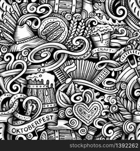 Cartoon hand-drawn doodles Octoberfest seamless pattern. Line art trace detailed, with lots of objects vector background. Cartoon hand-drawn doodles Octoberfest seamless pattern