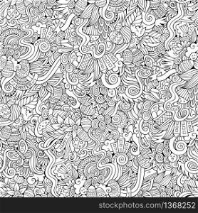 Cartoon hand-drawn doodles on the subject Easter theme seamless pattern. Line art sketchy detailed, with lots of objects vector background. Easter doodles vector seamless pattern