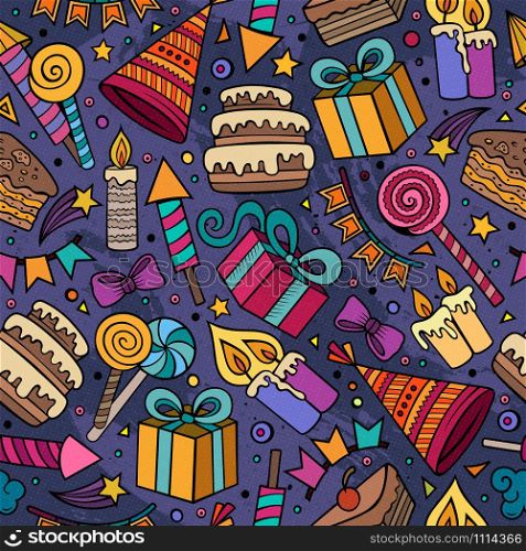 Cartoon hand-drawn doodles on the subject holidays, birthday theme seamless pattern. Colorful detailed, with lots of objects vector background. Cartoon hand-drawn doodles on the subject holidays, birthday the