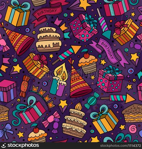 Cartoon hand-drawn doodles on the subject holidays, birthday theme seamless pattern. Colorful detailed, with lots of objects vector background. Cartoon hand-drawn doodles birthday theme seamless pattern