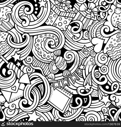 Cartoon hand-drawn doodles on the subject holidays, birthday theme seamless pattern. Line art sketchy detailed, with lots of objects vector background. Cartoon hand-drawn doodles birthday theme seamless pattern