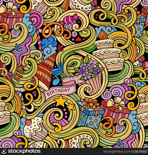 Cartoon hand-drawn doodles on the subject holidays, birthday theme seamless pattern. Colorful detailed, with lots of objects vector background. Cartoon hand-drawn doodles birthday seamless pattern
