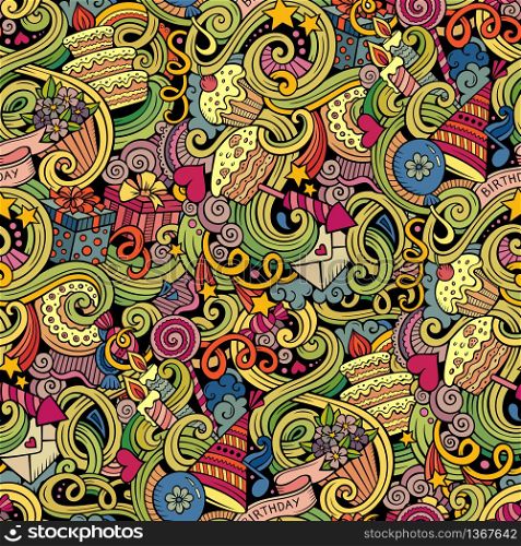 Cartoon hand-drawn doodles on the subject holidays, birthday theme seamless pattern. Colorful detailed, with lots of objects vector background. Cartoon hand-drawn doodles birthday seamless pattern