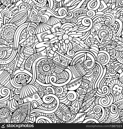 Cartoon hand-drawn doodles on the subject of Africa style theme seamless pattern. Line art vector background. Cartoon hand-drawn doodles on the subject of Africa style theme
