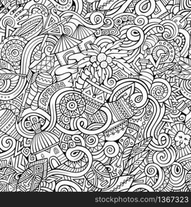 Cartoon hand-drawn doodles on the subject of Africa style theme seamless pattern. Line art vector background. Cartoon hand-drawn doodles on the subject of Africa style theme