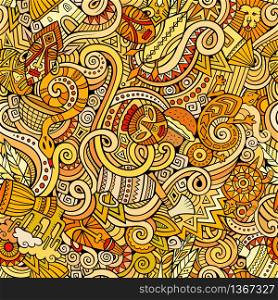 Cartoon hand-drawn doodles on the subject of Africa style theme seamless pattern. Colorful vector background. Cartoon hand-drawn doodles on the subject of Africa style theme