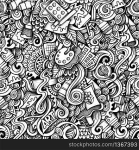 Cartoon hand-drawn doodles on the subject of Art style theme seamless pattern. Contour trace vector background. Cartoon hand-drawn doodles on the subject of Art style theme