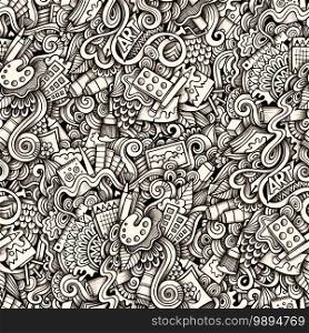 Cartoon hand-drawn doodles on the subject of Art style theme seamless pattern. Contour trace vector background. Cartoon hand-drawn doodles on the subject of Art style theme.....
