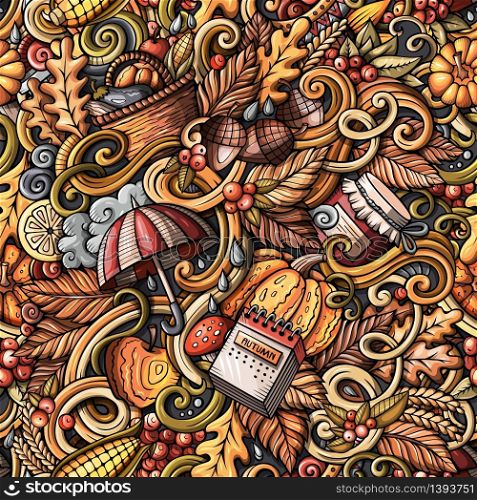 Cartoon hand-drawn doodles on the subject of Autumn theme seamless pattern. Colorful detailed, with lots of objects vector fall background. Cartoon doodles Autumn seamless pattern