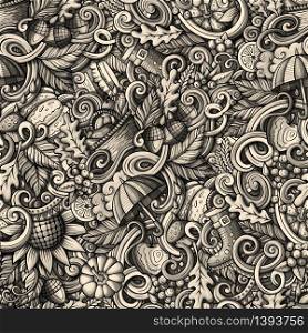 Cartoon hand-drawn doodles on the subject of Autumn theme seamless pattern. Monochrome detailed, with lots of objects vector fall background. Cartoon doodles Autumn seamless pattern