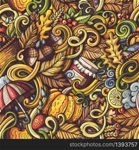 Cartoon hand-drawn doodles on the subject of Autumn theme seamless pattern. Colorful detailed, with lots of objects vector fall background. Cartoon doodles Autumn seamless pattern