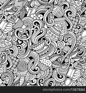 Cartoon hand-drawn doodles on the subject of cafe, coffee shop theme seamless pattern. Line art sketchy detailed, with lots of objects vector background. Cartoon hand-drawn doodles of cafe, coffee shop seamless pattern