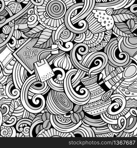 Cartoon hand-drawn doodles on the subject of cafe, coffee shop theme seamless pattern. Line art sketchy detailed, with lots of objects vector background. Cartoon hand-drawn doodles of cafe, coffee shop seamless pattern