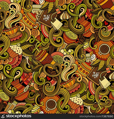 Cartoon hand-drawn doodles on the subject of cafe, coffee shop theme seamless pattern. Colorful detailed, with lots of objects vector background. Cartoon hand-drawn doodles of cafe, coffee shop seamless pattern