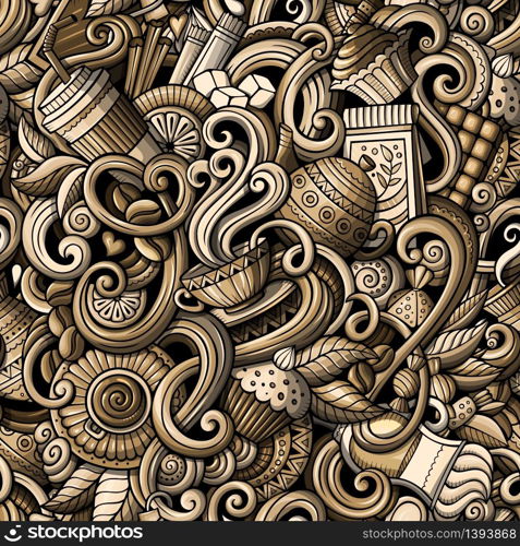 Cartoon hand-drawn doodles on the subject of cafe, coffee shop theme seamless pattern. detailed, with lots of objects vector background. Cartoon hand-drawn doodles of cafe, coffee shop seamless pattern