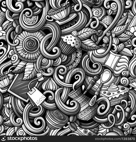 Cartoon hand-drawn doodles on the subject of cafe, coffee shop theme seamless pattern. detailed, with lots of objects vector background. Cartoon hand-drawn doodles of cafe, coffee shop seamless pattern