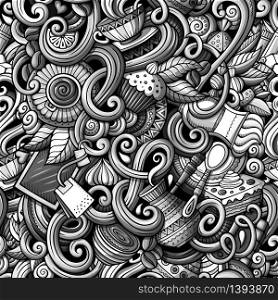 Cartoon hand-drawn doodles on the subject of cafe, coffee shop theme seamless pattern. detailed, with lots of objects vector background. Cartoon hand-drawn doodles of cafe, coffee shop seamless pattern