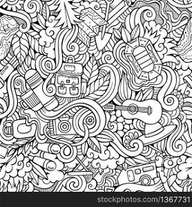 Cartoon hand-drawn doodles on the subject of camping theme seamless pattern. Line art sketchy detailed, with lots of objects vector background. Cartoon vector doodles camping seamless pattern