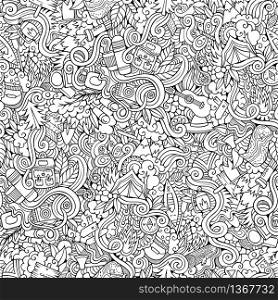 Cartoon hand-drawn doodles on the subject of camping theme seamless pattern. Line art sketchy detailed, with lots of objects vector background. Cartoon vector doodles camping seamless pattern