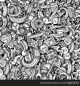 Cartoon hand-drawn doodles on the subject of car style theme seamless pattern. Vector trace background. Cartoon hand-drawn doodles car style theme seamless patern