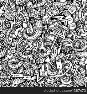 Cartoon hand-drawn doodles on the subject of car style theme seamless pattern. Vector trace background. Cartoon hand-drawn doodles car style theme seamless patern