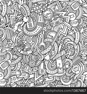 Cartoon hand-drawn doodles on the subject of car style theme seamless pattern. Vector background. Cartoon hand-drawn doodles car style theme seamless patern