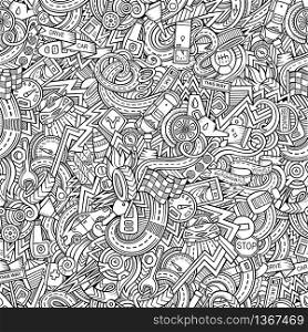 Cartoon hand-drawn doodles on the subject of car style theme seamless pattern. Vector background. Cartoon hand-drawn doodles car style theme seamless patern