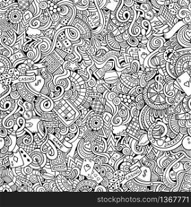 Cartoon hand-drawn doodles on the subject of casino style theme seamless pattern. Vector line art background. Cartoon hand-drawn doodles on the subject of casino style