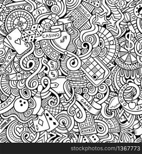 Cartoon hand-drawn doodles on the subject of casino style theme seamless pattern. Vector line art background. Cartoon hand-drawn doodles on the subject of casino style