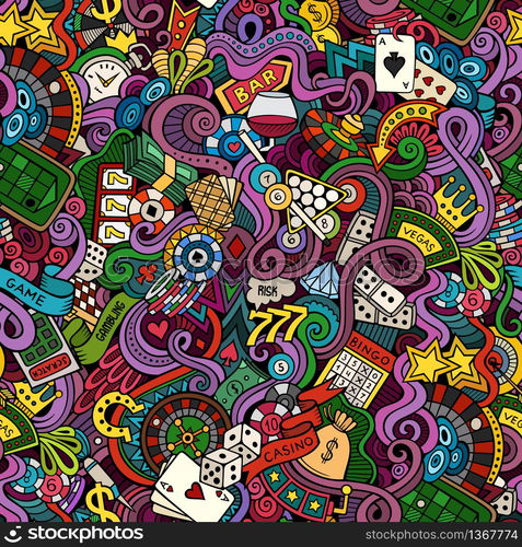 Cartoon hand-drawn doodles on the subject of casino style theme seamless pattern. Vector color background. Cartoon hand-drawn doodles on the subject of casino style