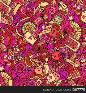 Cartoon hand-drawn doodles on the subject of casino style theme seamless pattern. Vector color background. Cartoon hand-drawn doodles on the subject of casino style