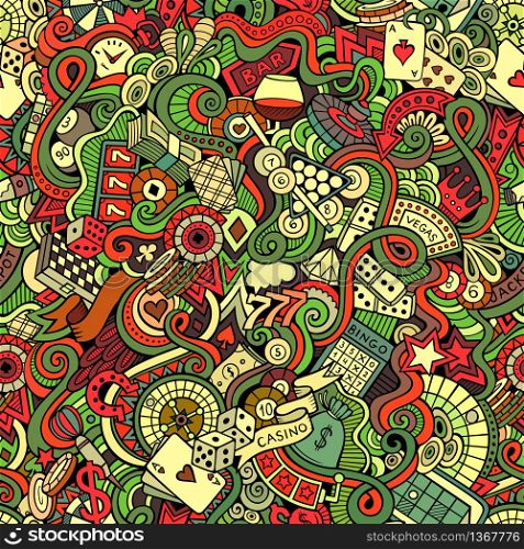 Cartoon hand-drawn doodles on the subject of casino style theme seamless pattern. Vector color background. Cartoon hand-drawn doodles on the subject of casino style