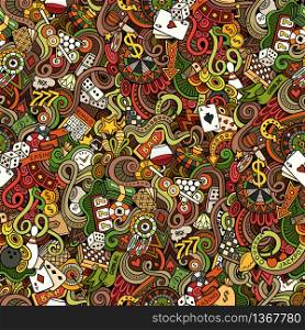Cartoon hand-drawn doodles on the subject of casino theme seamless pattern. Colorful detailed, with lots of objects vector background. Cartoon hand-drawn doodles on the subject of casino style