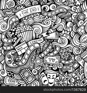 Cartoon hand-drawn doodles on the subject of Cinema style theme seamless pattern. Contour trace vector background. Cartoon hand-drawn doodles on the subject of Cinema style theme