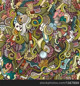 Cartoon hand-drawn Doodles on the subject of cosmetic and beauty style theme seamless pattern. Colorful vector background. Cartoon hand-drawn Doodles on the subject of cosmetic