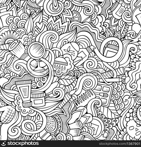 Cartoon hand-drawn Doodles on the subject of cosmetic and beauty style theme seamless pattern. Line art vector background. Seamless pattern with beauty and cosmetics