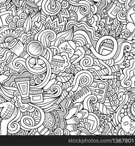 Cartoon hand-drawn Doodles on the subject of cosmetic and beauty style theme seamless pattern. Line art vector background. Seamless pattern with beauty and cosmetics