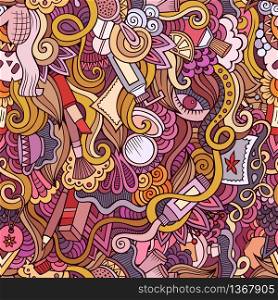 Cartoon hand-drawn Doodles on the subject of cosmetic and beauty style theme seamless pattern. Colorful vector background. Cartoon hand-drawn Doodles on the subject of cosmetic