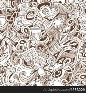 Cartoon hand-drawn doodles on the subject of Design and art theme seamless pattern. Line art detailed, with lots of objects vector background. Cartoon hand-drawn doodles on the subject of Design seamless pattern