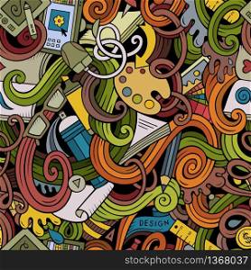 Cartoon hand-drawn doodles on the subject of Design and art theme seamless pattern. Colorful detailed, with lots of objects vector background. Cartoon hand-drawn doodles on the subject of Design seamless pattern
