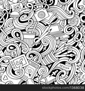 Cartoon hand-drawn doodles on the subject of Design and art theme seamless pattern. Line art detailed, with lots of objects vector background. Cartoon hand-drawn doodles on the subject of Design seamless pattern