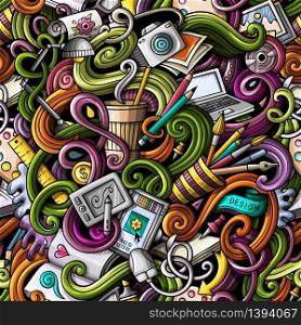 Cartoon hand-drawn doodles on the subject of Design and art theme seamless pattern. Colorful detailed, with lots of objects vector background. Cartoon hand-drawn doodles on the subject of Design seamless pattern