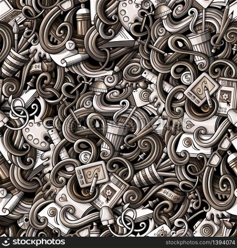 Cartoon hand-drawn doodles on the subject of Design and art theme seamless pattern. Toned detailed, with lots of objects vector background. Cartoon hand-drawn doodles on the subject of Design seamless pattern