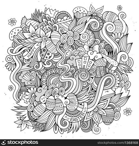 Cartoon hand-drawn doodles on the subject of Easter theme pattern. Line art detailed, with lots of objects vector background. Easter vector sketch background