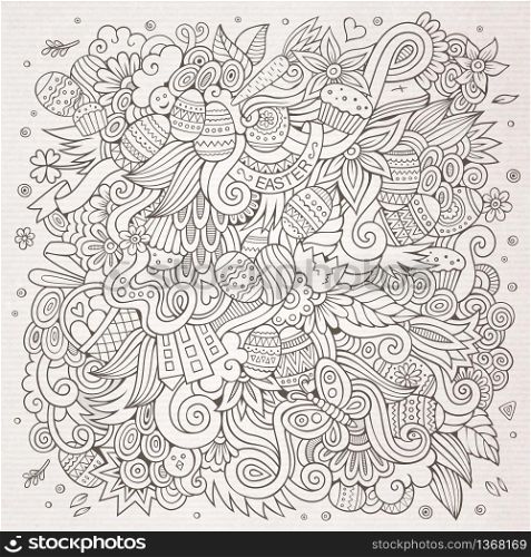 Cartoon hand-drawn doodles on the subject of Easter theme pattern. Line art detailed, with lots of objects vector background. Easter vector sketch background