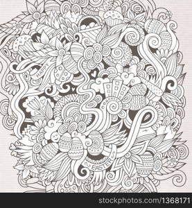 Cartoon hand-drawn doodles on the subject of Easter theme pattern. Line art detailed, with lots of objects vector background. Easter vector sketch background