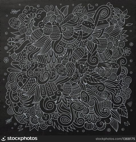 Cartoon hand-drawn doodles on the subject of Easter theme pattern. Chalkboard detailed, with lots of objects vector background. Cartoon chalkboard doodles on the subject of Easter