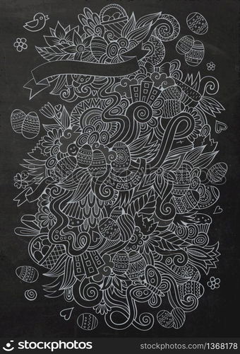 Cartoon hand-drawn doodles on the subject of Easter theme pattern. Chalkboard detailed, with lots of objects vector background. Cartoon chalkboard doodles on the subject of Easter