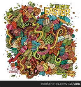 Cartoon hand-drawn doodles on the subject of Easter theme pattern. Colorful detailed, with lots of objects vector background. Cartoon hand-drawn doodles Easter vector background